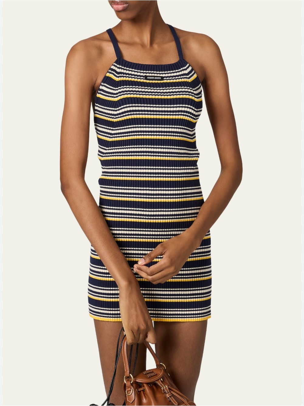 Miu Miu Navy, White & Yellow Striped Halter Knit Mini Dress